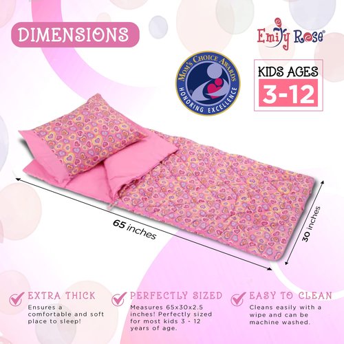 Emily Rose Playful Hearts Kids Sleeping Bag Set 3 Piece – Pink Hearts Slumber Sack, 100% Cotton Pillow Case & Backpack Carry Case – Ages 3-12 Nap Mat for Sleepovers Travel