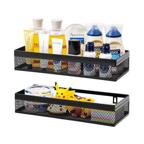 Wetheny Hanging Wall Mount Storage Baskets with Adhesive Hooks & Screwing, Metal Wire Organizer Baskets for Home Decor, Kitchen, Bathroom, Pantry, Laundry, Closet, Garage, RV Black 2 Packs (Netting)