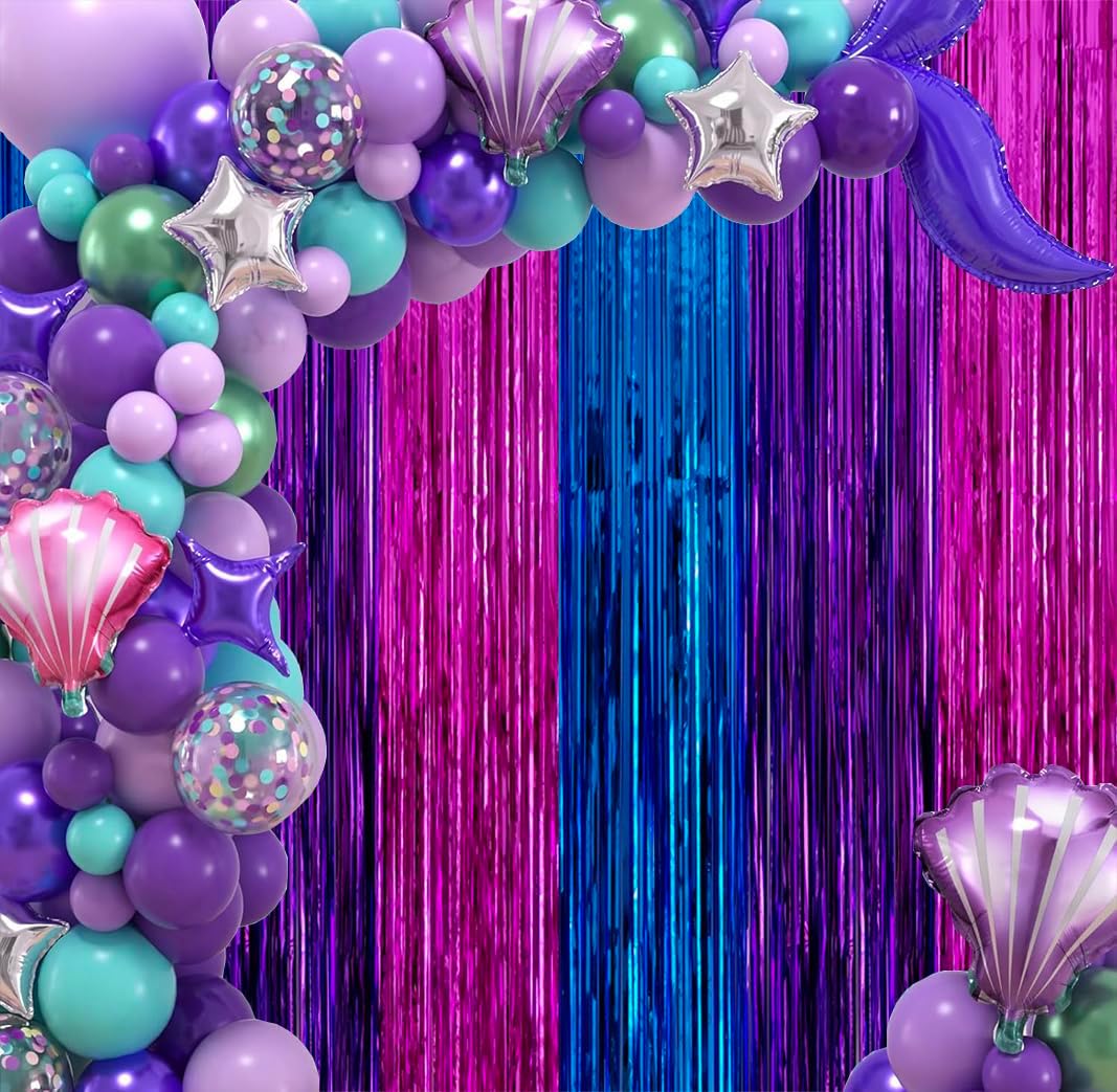 Skiennix Metallic Tinsel Foil Fringe Backdrop - 2 Pack 3.3x6.6ft in Blue & Hot Pink | Perfect for Birthday & Party Decor