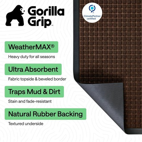 GORILLA GRIP Waterproof All-Season WeatherMAX Doormat - 34x58, Natural Rubber, Stain & Fade Resistant, Easy Clean Coffee Squares
