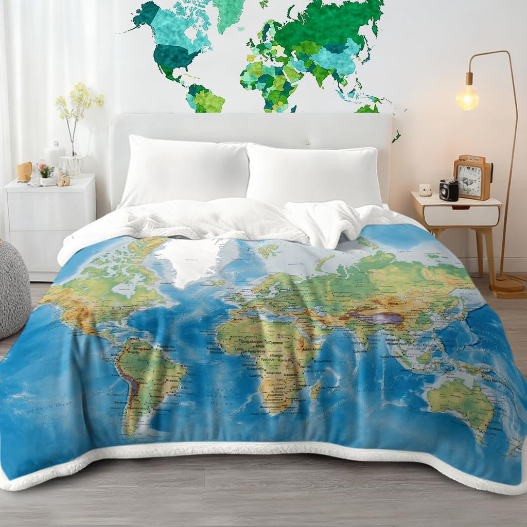 Sleepwish World Map Sherpa Fleece Throw Blanket, Soft Thick Plush Blue Blanket Vivid 3D Print Map of The World Blankets Gifts for Teens Kids Boys Girls 50x60 Inches