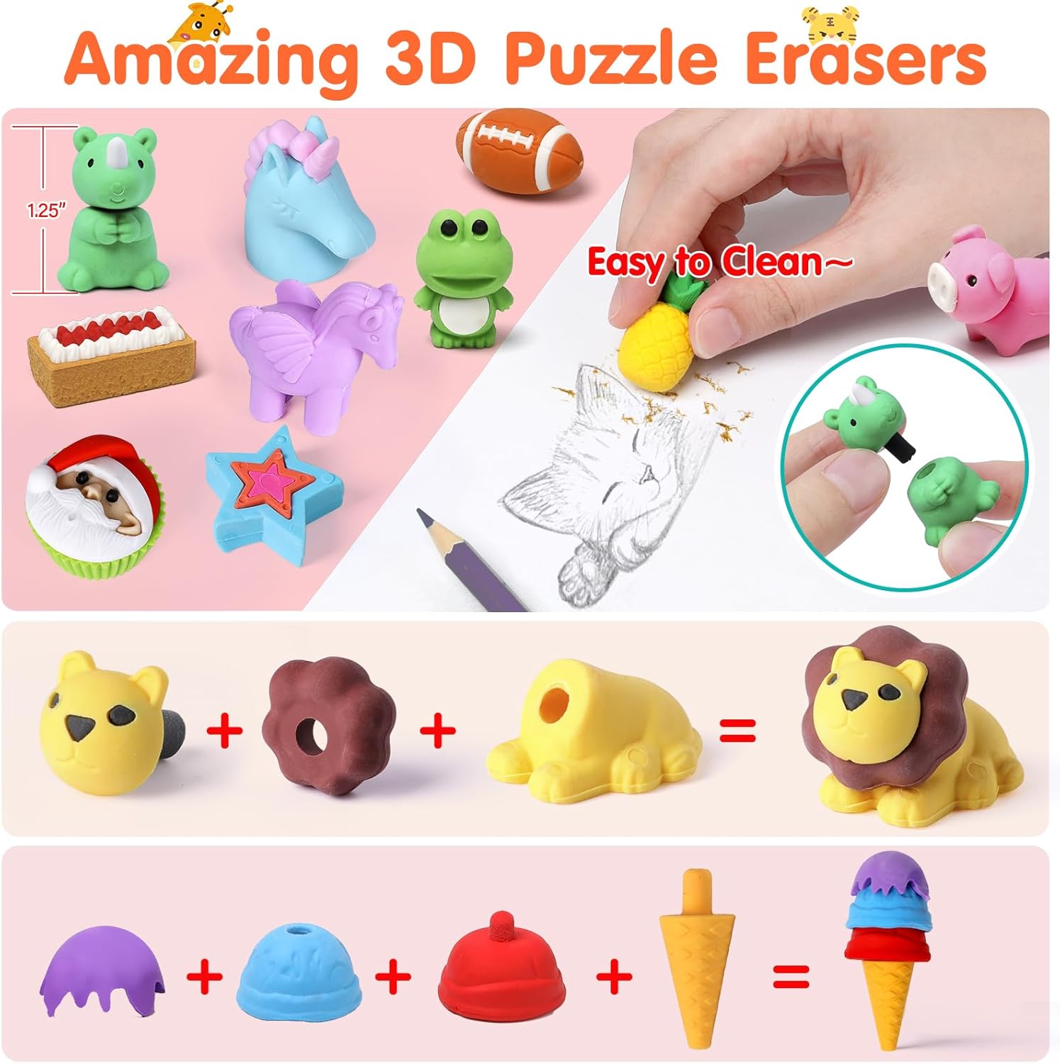 Moosia 120 Pack Animal Pencil Erasers - 3D Mini Puzzle Desk Pets & Party Favors for Kids