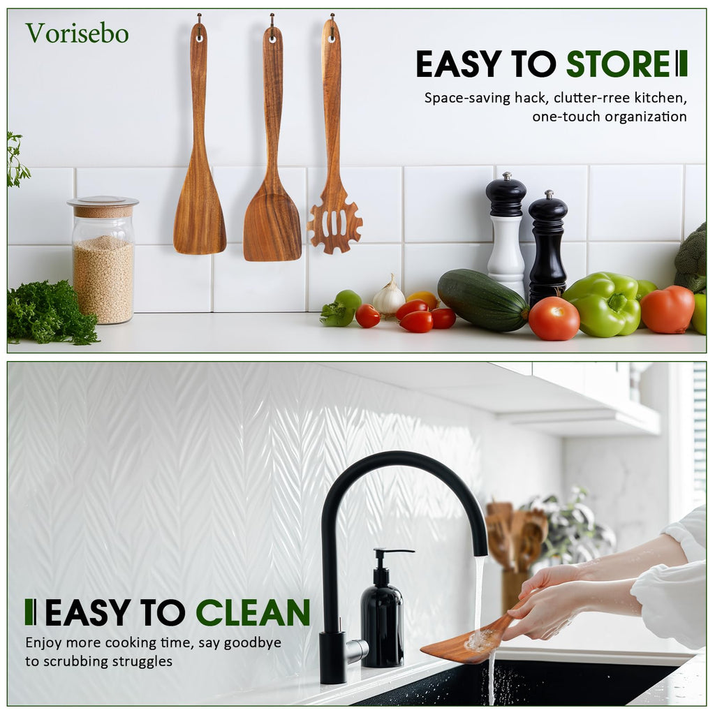 Vorisebo Wooden Spoons for Cooking, Natural Teak Wooden Utensils Set, 10 Piece Handmade Wood Kitchen Utensil Set with Holder and Spoon, Durable Nonstick Kitchen Cookware Tool