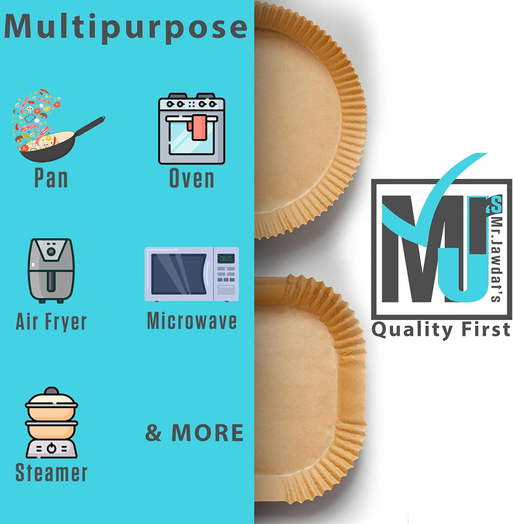 Mr. Jawdat's Extra Strong Air Fryer Disposable Paper Liners - 100 Non-Stick Square Liners (6.3 Inch)