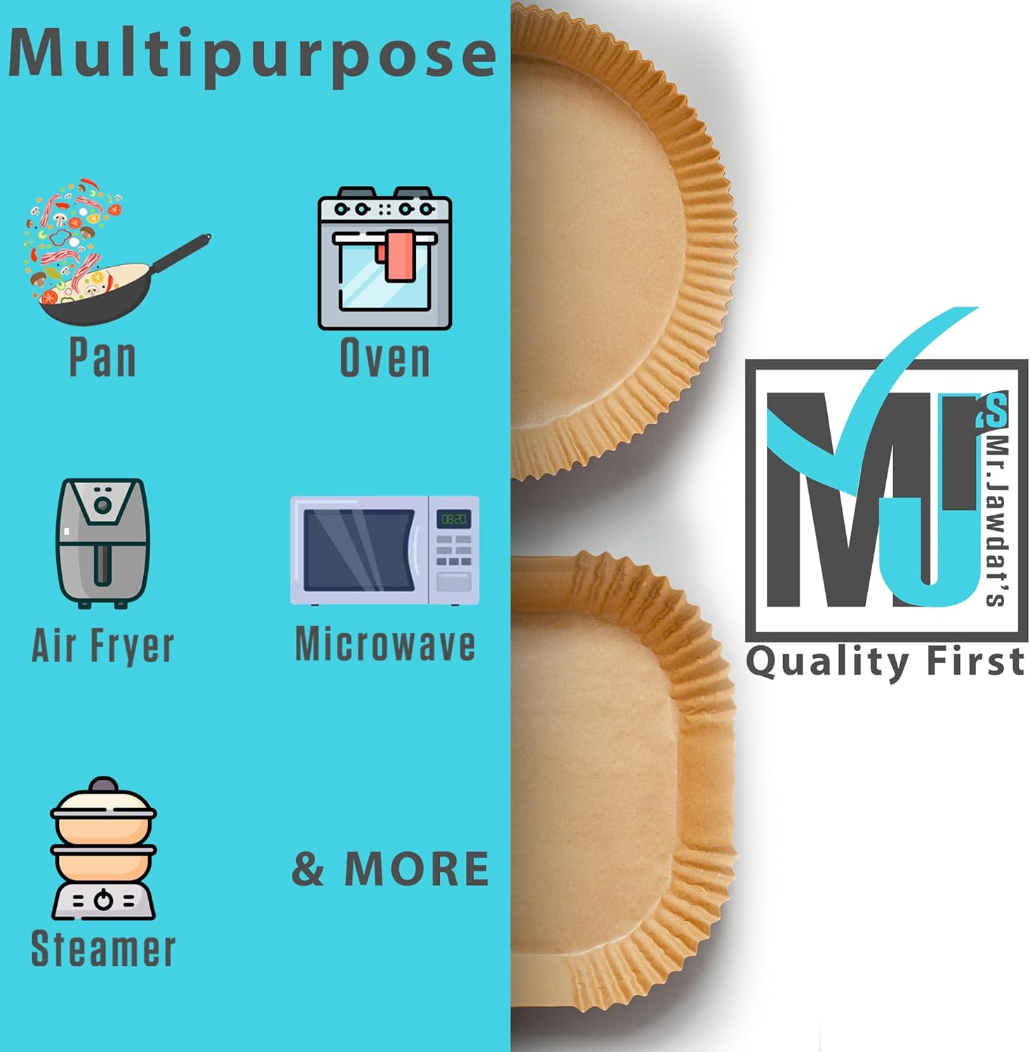 Mr. Jawdat's Extra Strong Air Fryer Disposable Paper Liners - 100 Non-Stick Square Liners (6.3 Inch)
