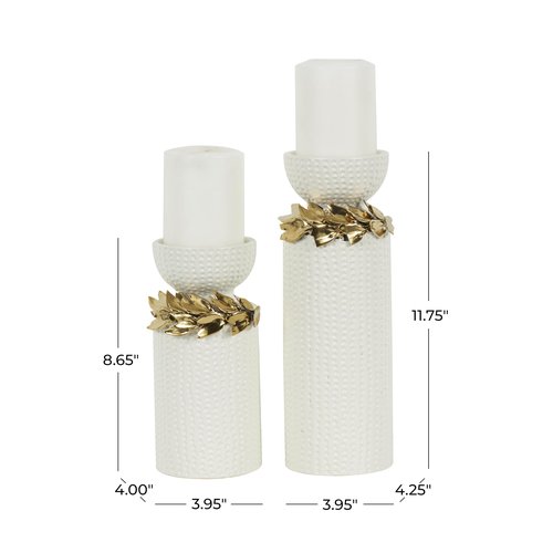 Deco 79 Ceramic Decorative Candle Holder Candle Stand with Abstract Spotted Pattern and Gold Leaf Accents, Set of 2 Candlestick Holder 12", 9" H, White