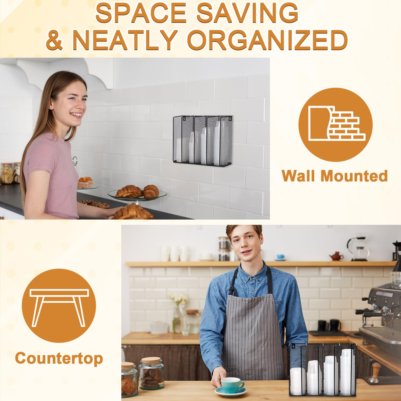 Wall Mount Portion Sauce Cup Lid Organizer 4 Compartments Iron Sauce Cup Dispenser Black Cup and Lid Holder Organizer Fits Cups Size 2 to 5.5 oz For Kitchen Counter Restaurant Coffee Bar 13x10x3.3 In