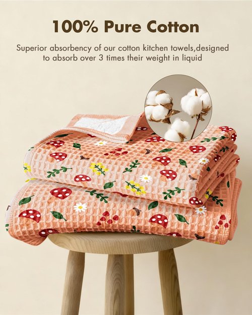 Miss Adola Cotton Waffle Kitchen Towels – Cute 370 GSM 16x25 Inch Terry Cloth Waffle Decorative Dishcloth for Kitchen Set of 2 with Hanging Loop Absorbent Hand Tea Towel for Home Design, Mushroom