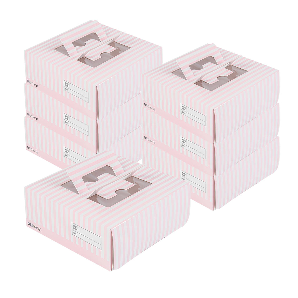 Restaurantware Cater Tek 9 x 9 x 3.5 Inch Cake Boxes 50 Disposable Lunch Boxes - Display Window Pop-Up Handles Pink and White Paper Pastry Boxes Grease Impermeable Shipped Flat
