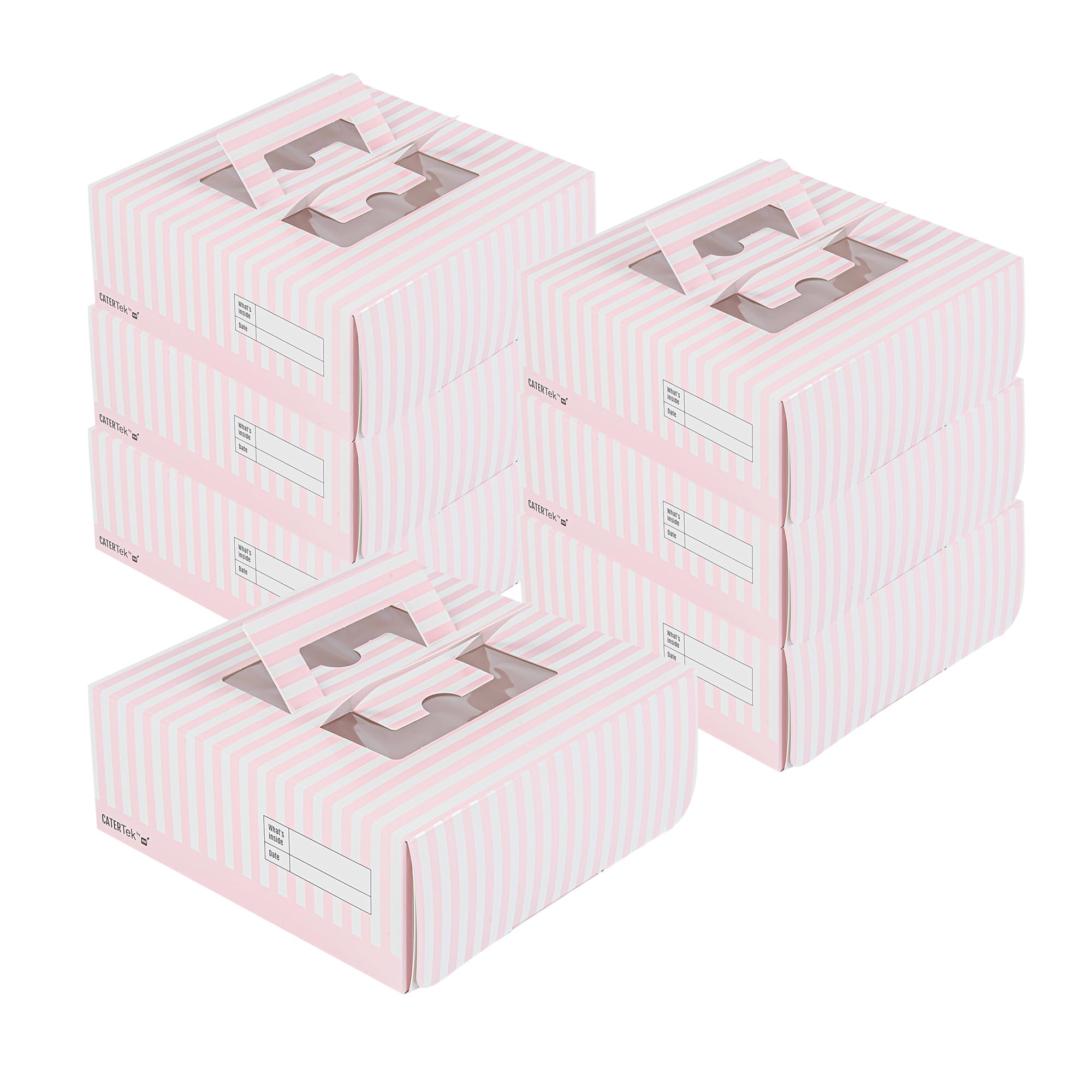 Restaurantware Cater Tek 9 x 9 x 3.5 Inch Cake Boxes 50 Disposable Lunch Boxes - Display Window Pop-Up Handles Pink and White Paper Pastry Boxes Grease Impermeable Shipped Flat