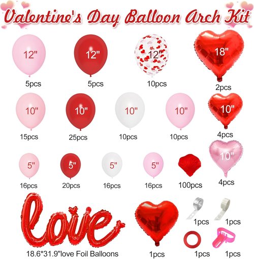 Amandir 263PCS Valentine's Day Balloon Arch Kit - Foil Love & Heart Balloons in Red, Pink, White
