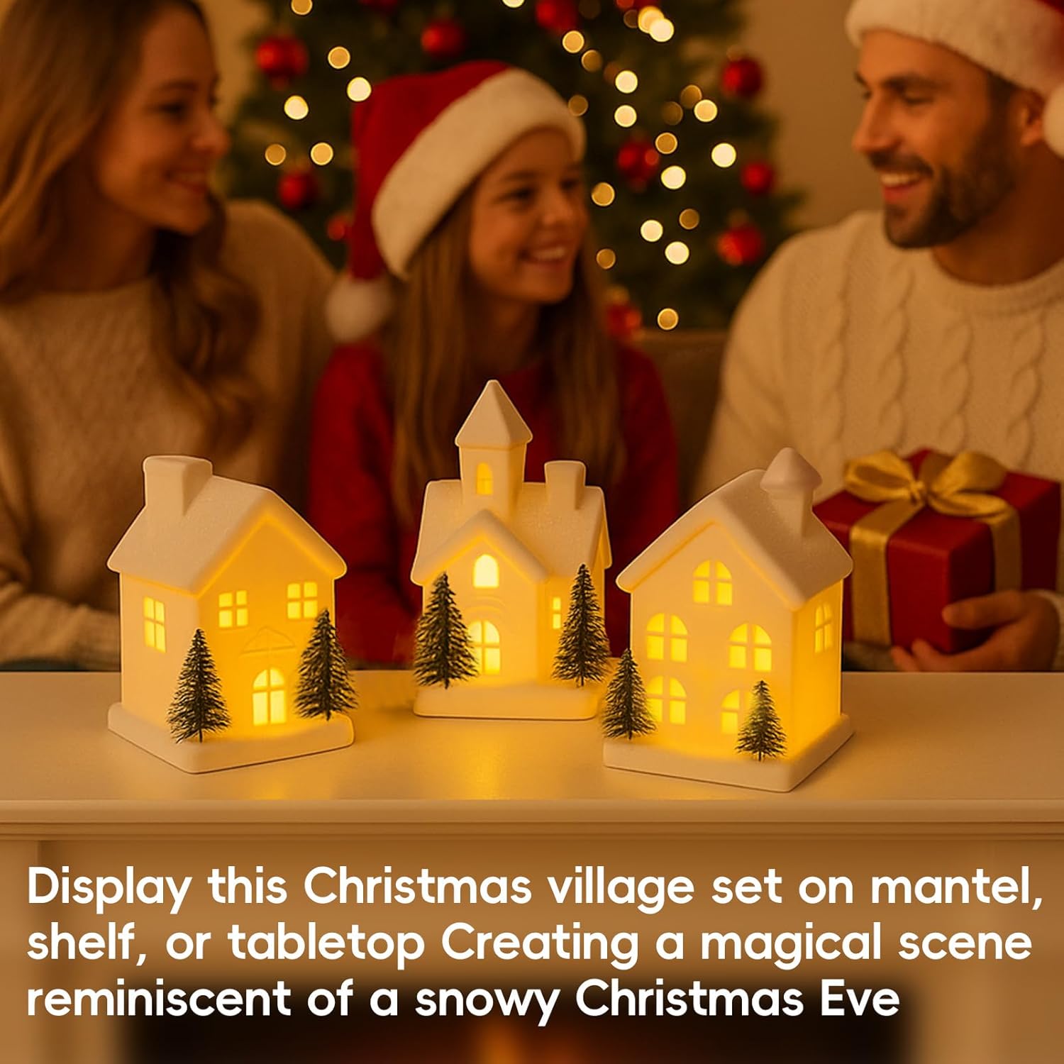 Regine Switzerland Indoor Christmas Village Set - 3 Lighted Ceramic Houses with Trees | Rustic White Holiday Decor