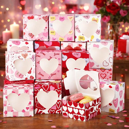 Dispowreath 24 Pcs Valentine's Day Treat Boxes Conversation Heart Cardboard Box with PVC Window Valentines Sweet Bakery Box Pink Red Paper Gift Container for Cookie Goodie Candy Wedding Party Favors