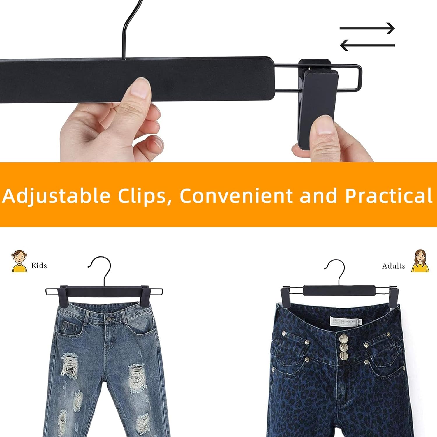 Northern Brothers Pants Hangers - 10 Pack Black Plastic Clips | Adjustable, Non-Slip, Space-Saving Design for Pants & Skirts