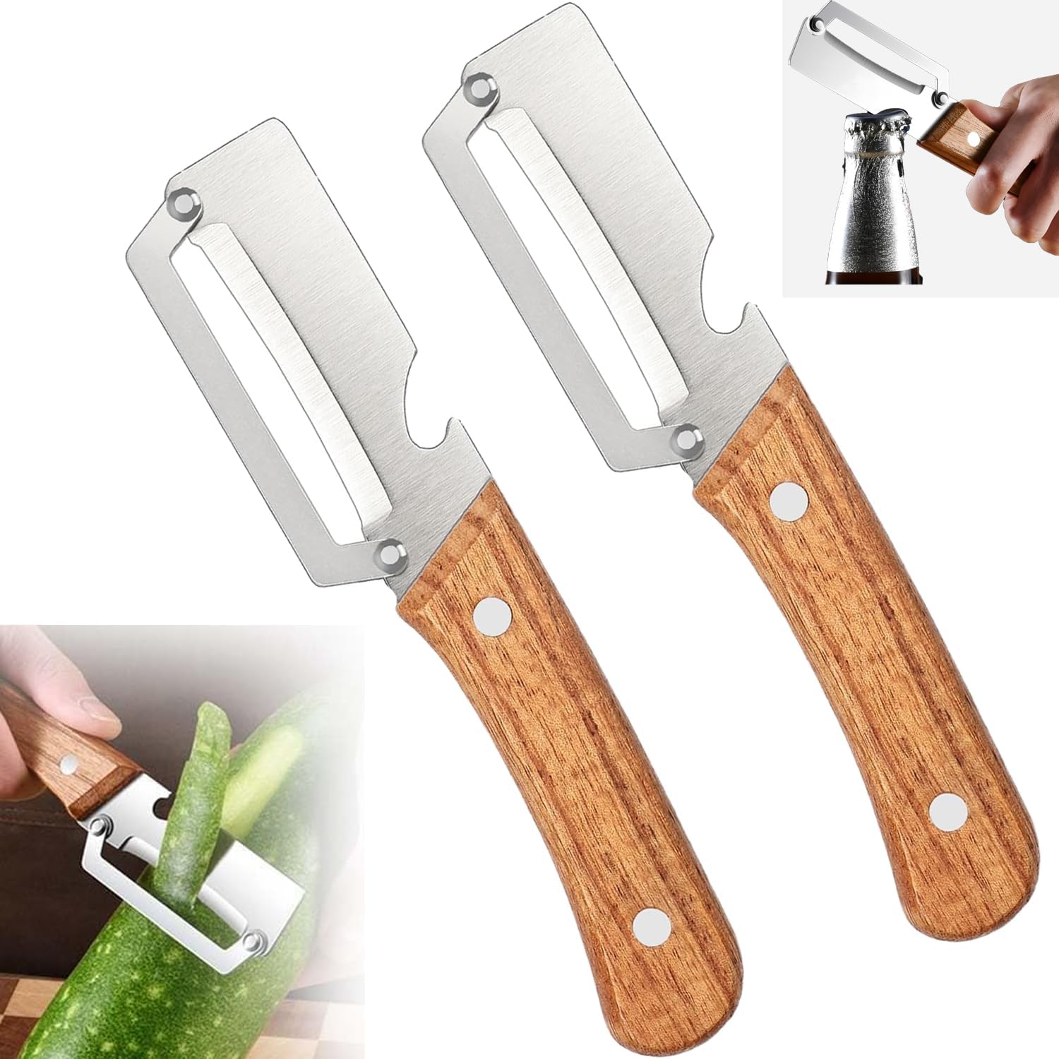 Skiennix Multi-Functional Vegetable Peeler - Stainless Steel Blade & Wooden Handle | 2-Pack