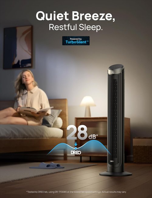 DREO Smart Tower Fan - 90° Oscillating 40" Standing Fan with 5 Speeds & Quiet Operation | Voice Control, Silver