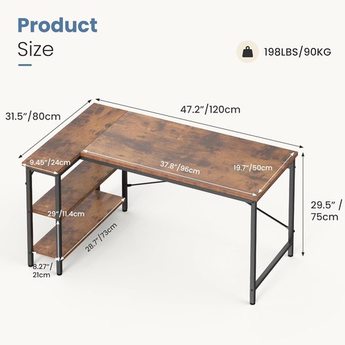DUMOS L-Shaped Desk - 47-Inch Computer Desk with Reversible Storage Shelves | Rustic Brown Home Office Furniture