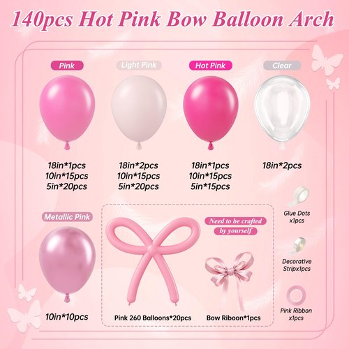 140pcs Bow Hot Pink Balloon Arch Kit, Hot Pink Light Pink Metallic Pink Balloon 18inch Clear Balloons Pink 260 Balloons for Pink Bow Coquette Birthday Decorations Baby Shower Party Decorations