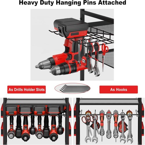 JUNNUJ Garage Tool Organizer Cart - Heavy-Duty Power Tool Storage with 20A Charging Station - Red