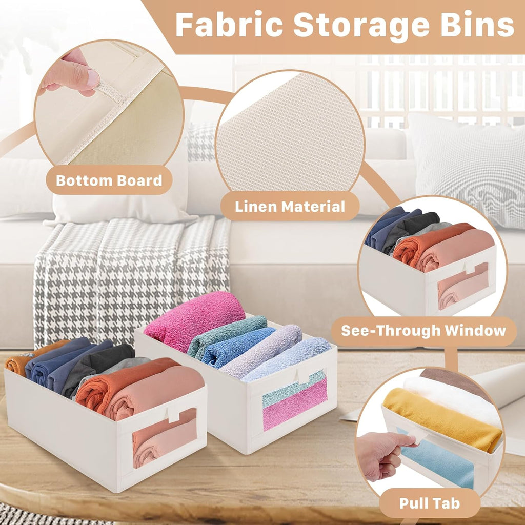 Skiennix Closet Organizer Bins - 4 Pack Foldable Linen Storage Baskets with Window | Beige