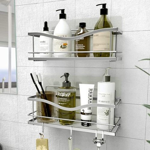 KINCMAX Premium Shower Caddy - Self-Adhesive Wall Organizer | Rustproof Stainless Steel, 2-Pack, Silver