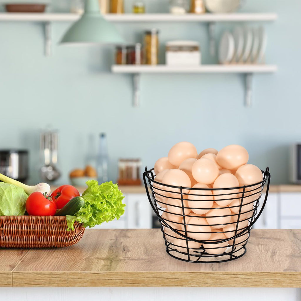 OGANAZI 3 PCS 8" Black Round Wire Egg Baskets With Handle, Small Metal Egg Collecting Basket for Gathering Fresh Eggs, Chicken and Duck Eggs Hunting Basket Egg Holder Countertop