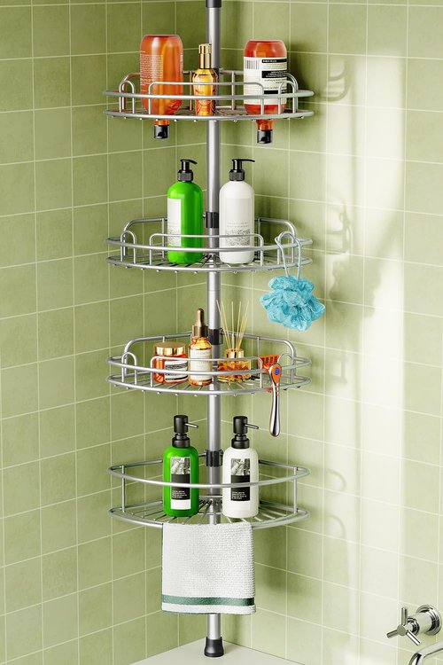 HAMITOR Corner Shower Caddy - 4-Tier Rust-Resistant Adjustable Organizer | 47-121 Inch No-Drill Installation - Space-Saving Silver Gray