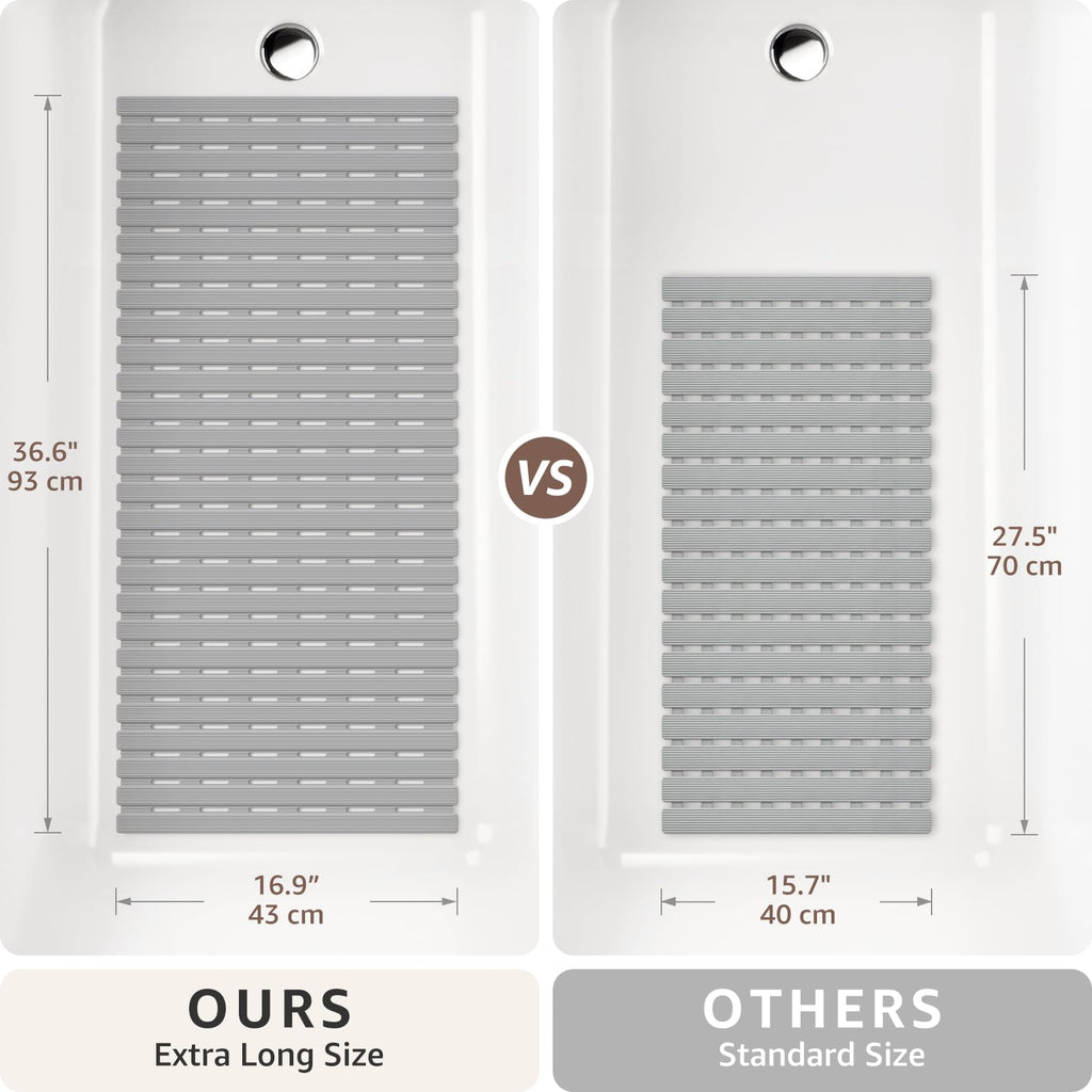 OTHWAY Anti Slip Shower Mat, 36.6" x 16.9" Soft Shower Mats for Inside Shower, Non Slip Shower Bath Mat for Tub with Suction Cups, Machine Washable Shower Floor Mat with Drainage Holes, Light Grey