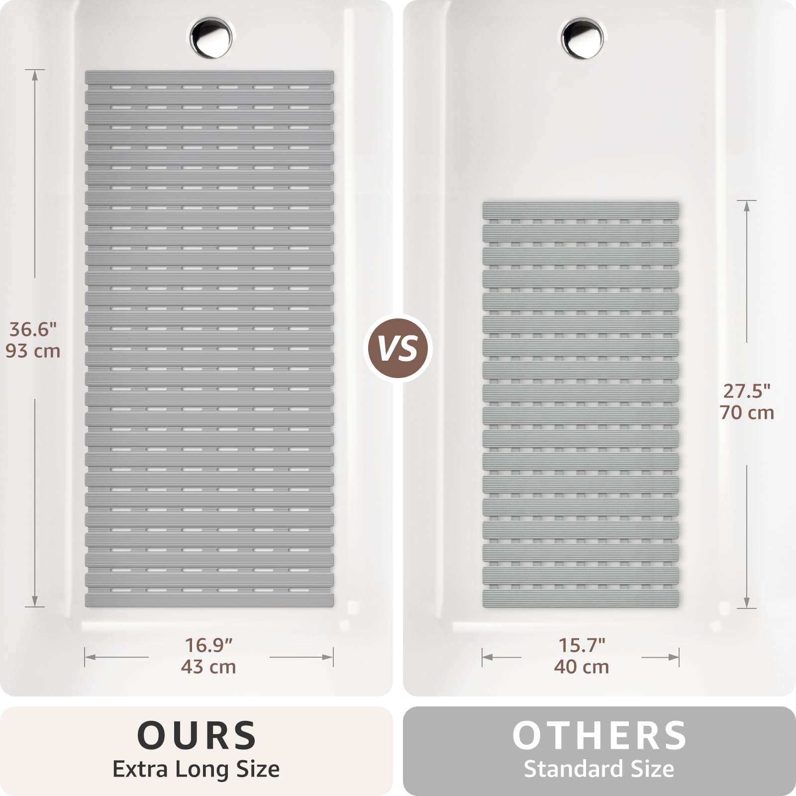 OTHWAY Anti Slip Shower Mat, 36.6" x 16.9" Soft Shower Mats for Inside Shower, Non Slip Shower Bath Mat for Tub with Suction Cups, Machine Washable Shower Floor Mat with Drainage Holes, Light Grey