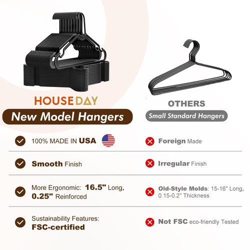 HOUSE DAY Black Plastic Hangers 50 Pack - Made in USA - Lightweight & Slim Space Saving Clothes Hanger with Shoulder Grooves for Dresses, Lingerie, Shirts, Pants, Durable Closet Organizers and Storage