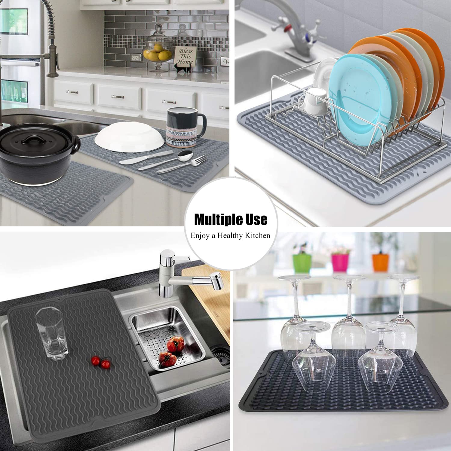 Large 24" x 18" Silicone Dish Drying Mat for Kitchen Counter, Easy clean, Quick Dry, Heat-resistant Dish Drainer Mat for Sink,Refrigerator or Drawer liner (Food Grade Silicone-Black)