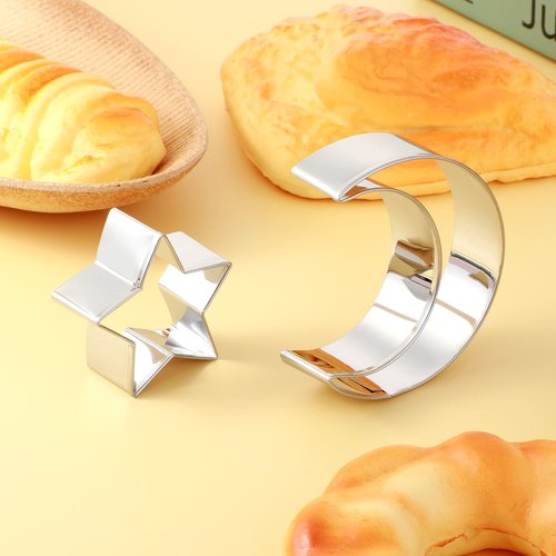 Star Cookie Cutters Set, Stainless Steel Star and Moon Cookie Cutter Shapes, Large Moon Star Shaped Biscuit Molds, Metal Cookie Cutters for Baking Pastry Fondant Ramadan Holiday (2pcs)