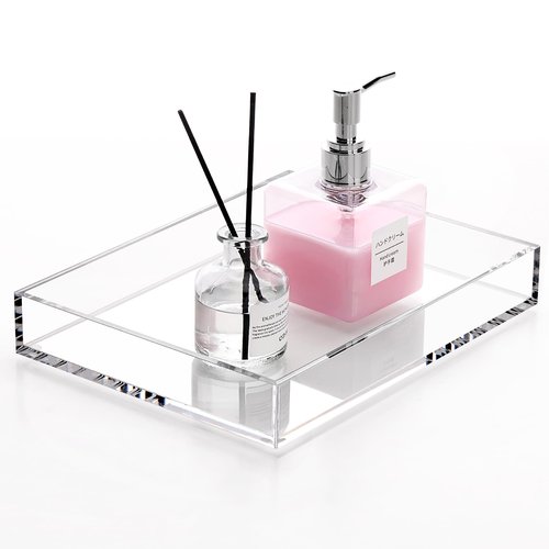DINGHUO Acrylic Perfume Bathroom Vanity Counter Tray, Clear 9.45"x7.09"x1.38" Rectangle Countertop Organizer for Jewelry Candles Soap Makeup Toilet Tank Kitchen - 1 Pack