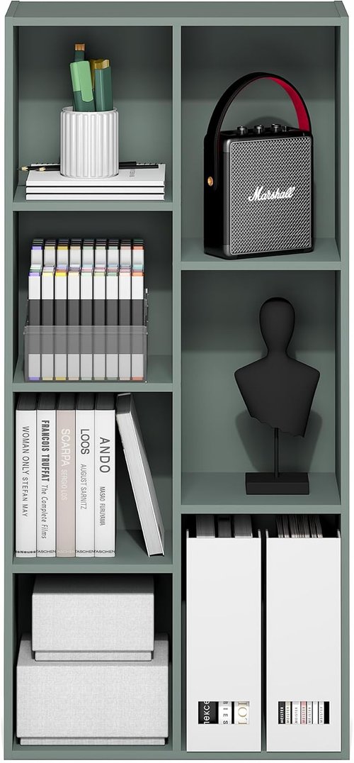 Furinno LUDER 7-Cube Bookshelf - Easy Assembly Bookcase with Open Shelves | Sage Green, 9.4 x 19.5 x 41.7