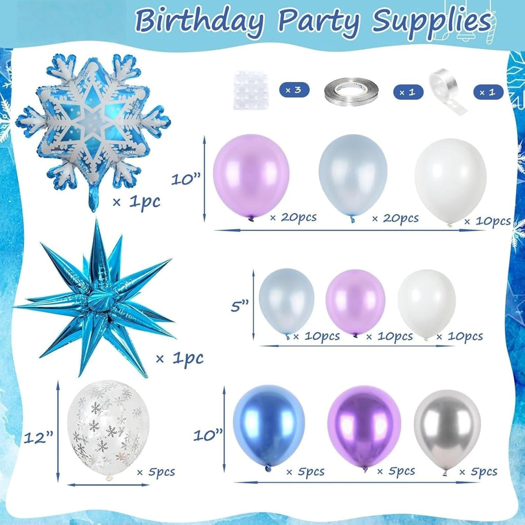 Snow Balloon Garland Arch Kit - Winter Wonderland Decor with Snowflake Balloons in Pearl Blue, Purple & Silver