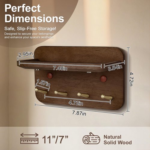 LEIRUOTM Key Holder Wall Mount, Solid Wood Key Holder for Wall with 4 Brass Hooks & Hidden Magnets, 15° Incline Hooks & Grooved Design to Prevent Slipping, Vintage Brown Key Hanger