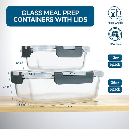 BAYZZ Glass Meal Prep Containers - 10 Pack Airtight Food Storage with Lids | Oven, Microwave & Dishwasher Safe