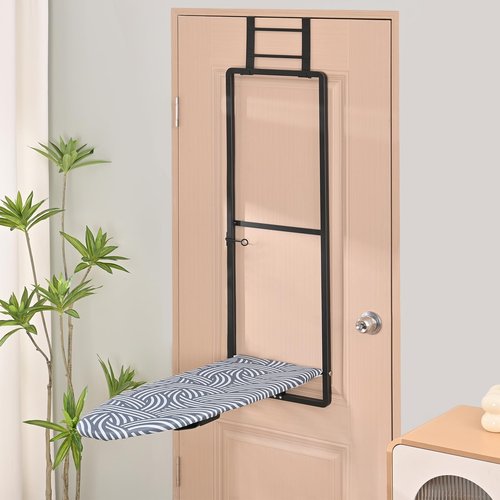 KINGBOARD Over Door Ironing Board, Hanging Ironing Board with Iron Holder, 36" X 12" Compact Fold Down Iron Board for Small Spaces, Removable Heat Resistant Cover, Blue