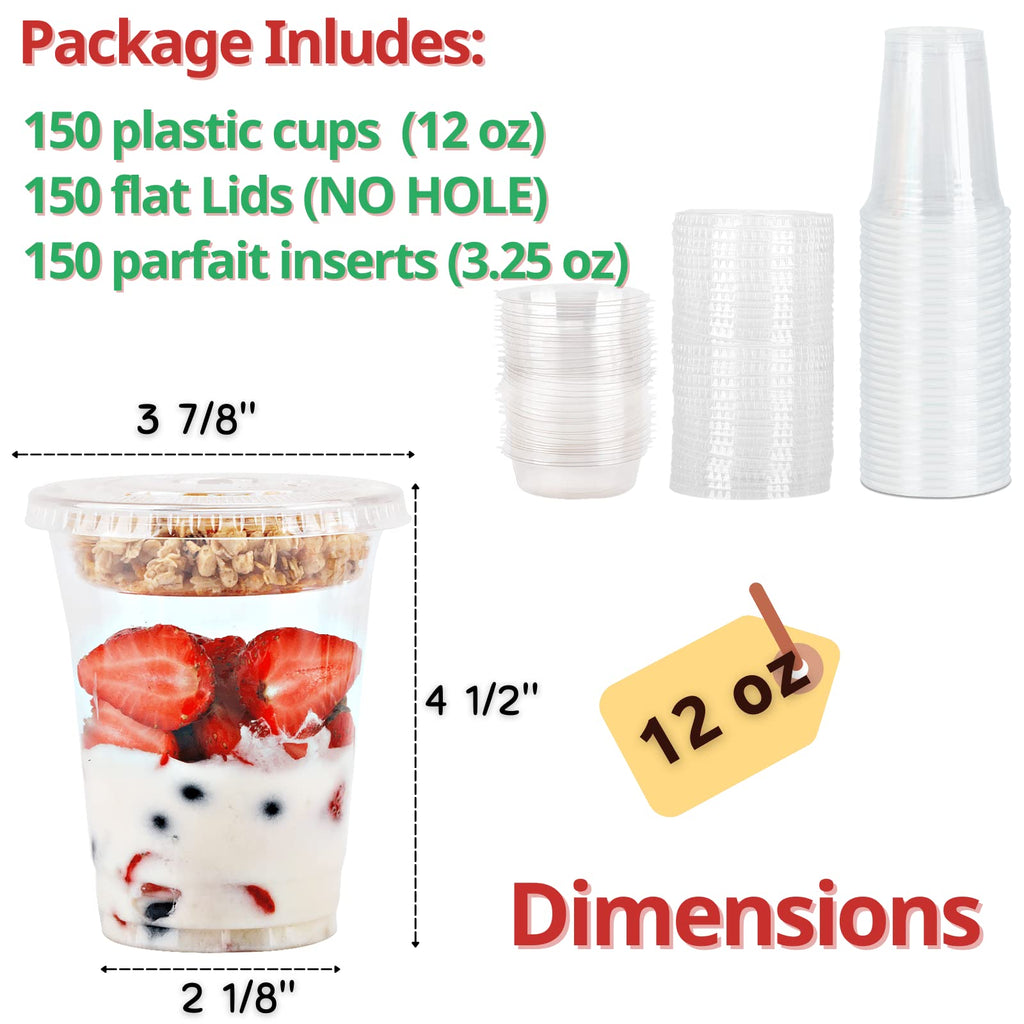 Aatriet [150 SETS 12 oz Clear Plastic Parfait Cups with Insert 3.25oz & Flat Lids No Hole, Yogurt Fruit Parfait Cups for Kids, for Dips and Veggies, Take Away Breakfast and Snacks. No Leaking