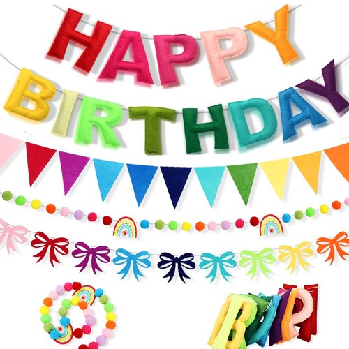 Happy Birthday Banner Set- Pre Strung Reusable Felt 3D Happy Birth Day Sign Banner, Pompom Garland, Bunting Flags and Bow Garland for Birthday Party Decorations for Women Men Boys Girls