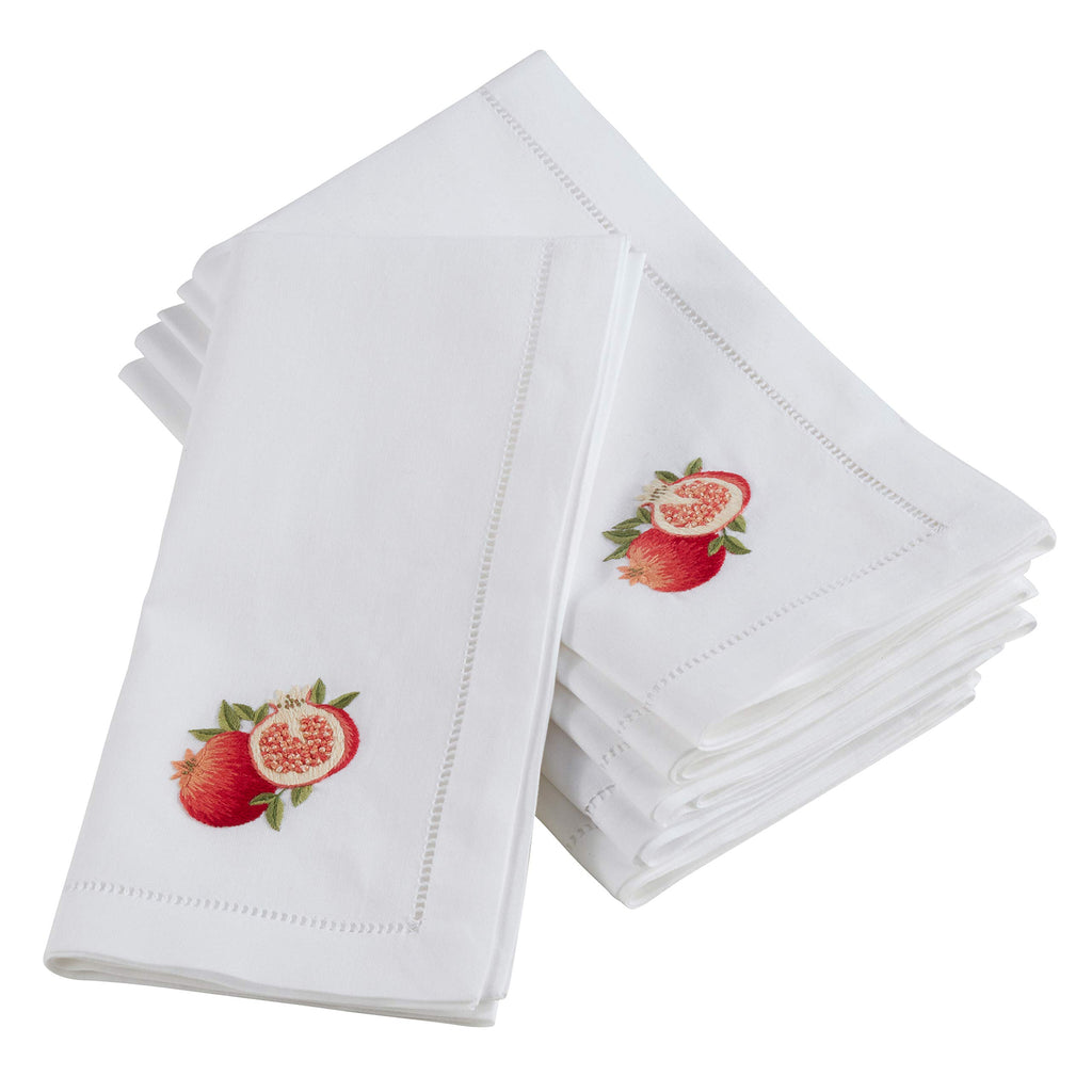 Handmade Pomegranate Embroidery Napkin with Hemstitched Border (Set of 6)