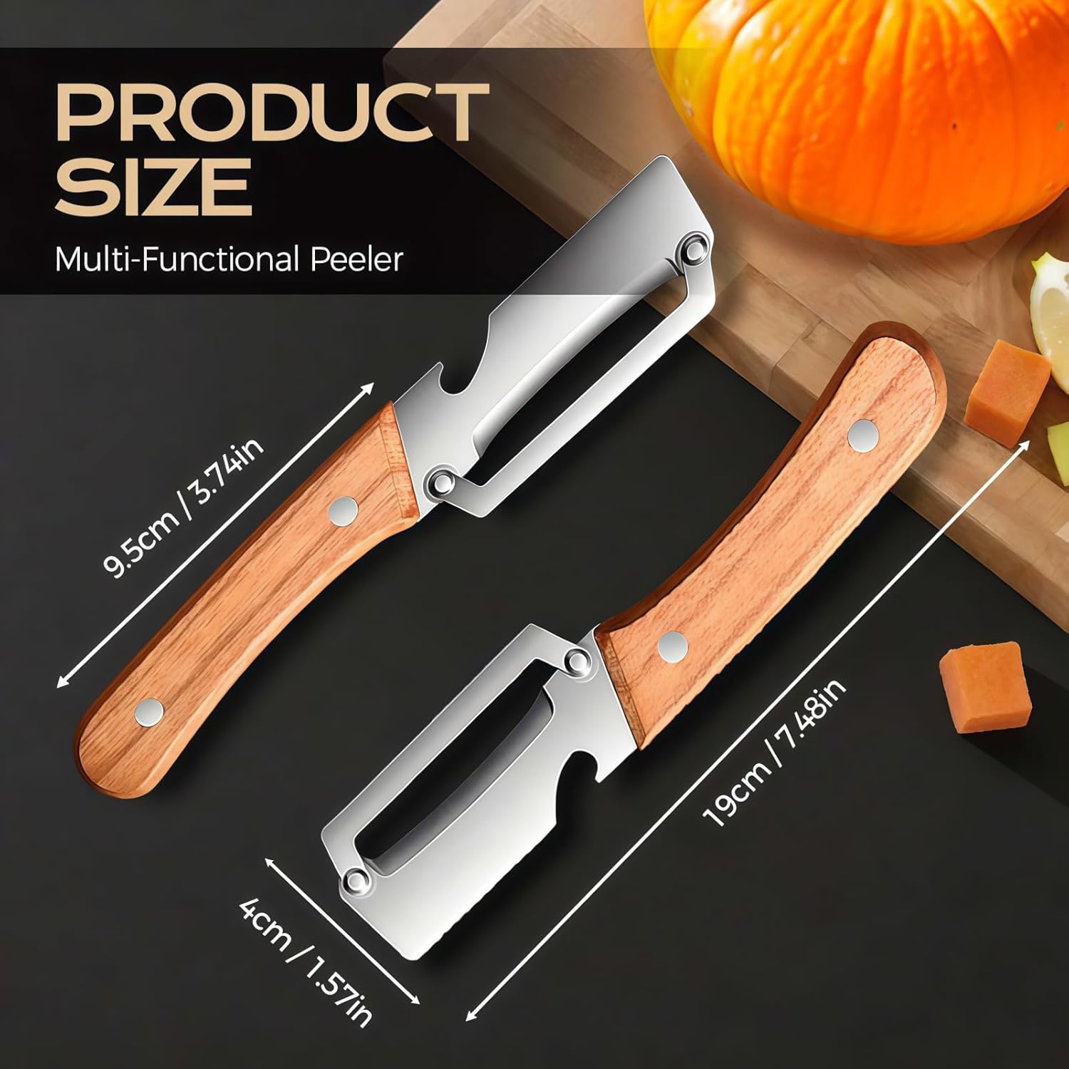 Skiennix Multifunctional Vegetable Peeler Set - 2 Wooden Handle Peelers with Bottle Opener for Fruits & Veggies