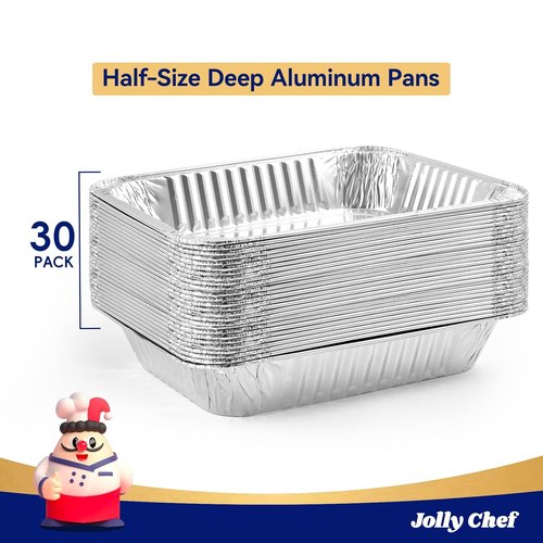 JOLLY CHEF 9x13 Aluminum Foil Pans - 30 Pack of Disposable Deep Steam Pans for Roasting & Catering