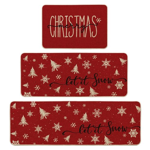 Artoid Mode Xmas Trees Snowflake Let It Snow Merry Christmas Kitchen Mats Set of 3, Winter Decor Low-Profile Kitchen Rugs - 24"x35"+24"x59"+24"x72"