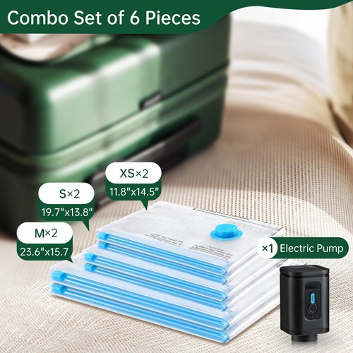 BRODI Travel Vacuum Bags Combo Pack - 6 Space-Saving Seal Bags with Pump for Clothing & Luggage
