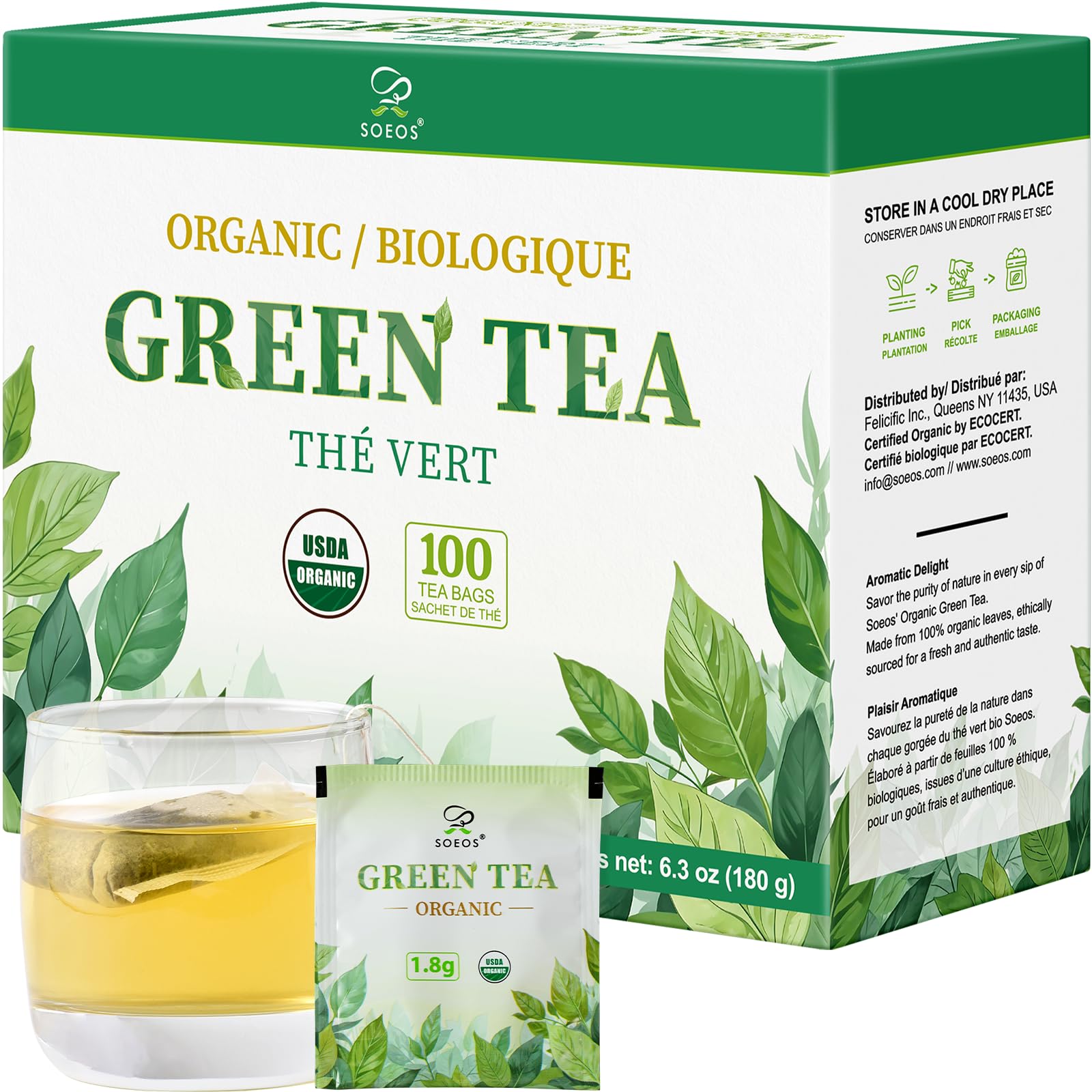 Soeos Organic Green Tea, 100 Tea Bags (Pack of 1), Caffeinated, Low Caffeine, Fresh and Healthy Green Tea, 6.3 Ounce