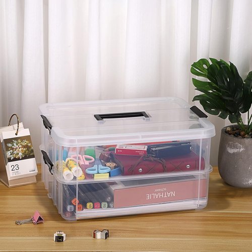 JUXYES Stackable Storage Box - 2-Tier Transparent Bin with Handle for Office & School Supplies