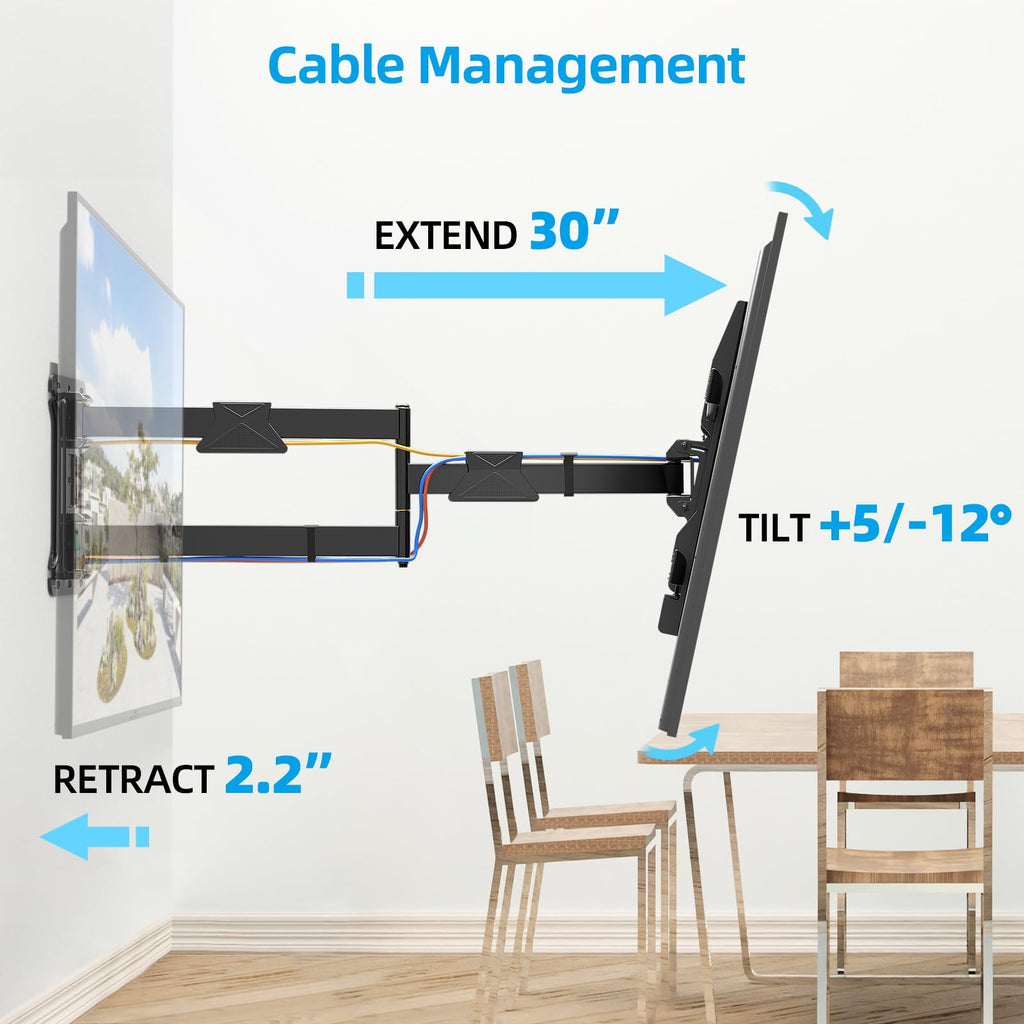 HCMOUNTING Pre-Assembled Corner TV Wall Mount for 32-80" TVs, Full Motion with Smooth Gliding Extension, 30" Long Arm, Single Stud Installation Holds 100lbs, Max VESA 600x400mm
