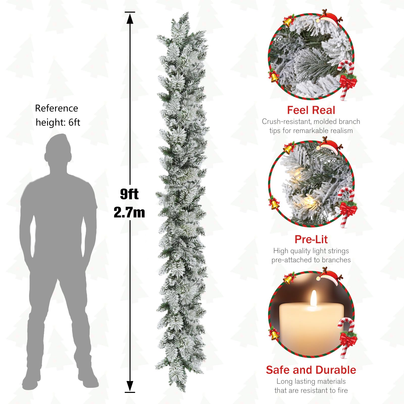 KOIUEYW Flocked Garland with Lights,9FT Battery-Powered Pre-Lit Christmas Garland, Glittered Artificial Christmas Garland with Warm LEDs for Mantle Home Fireplace Stairs Party Decoration