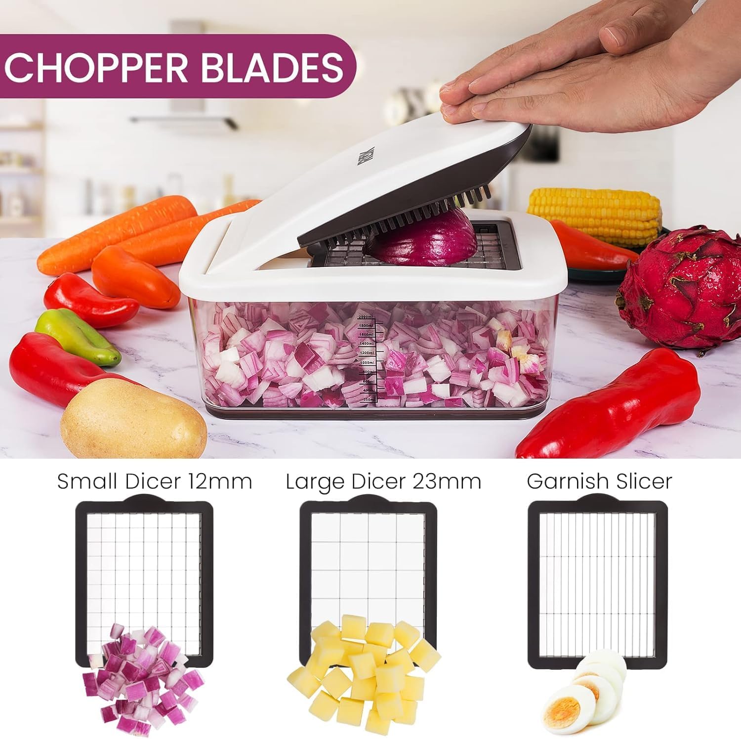RüK Vegetable Chopper - Extra Large 10-in-1 Multifunctional Food Cutter with 6 Blades & 4 Spiralizers